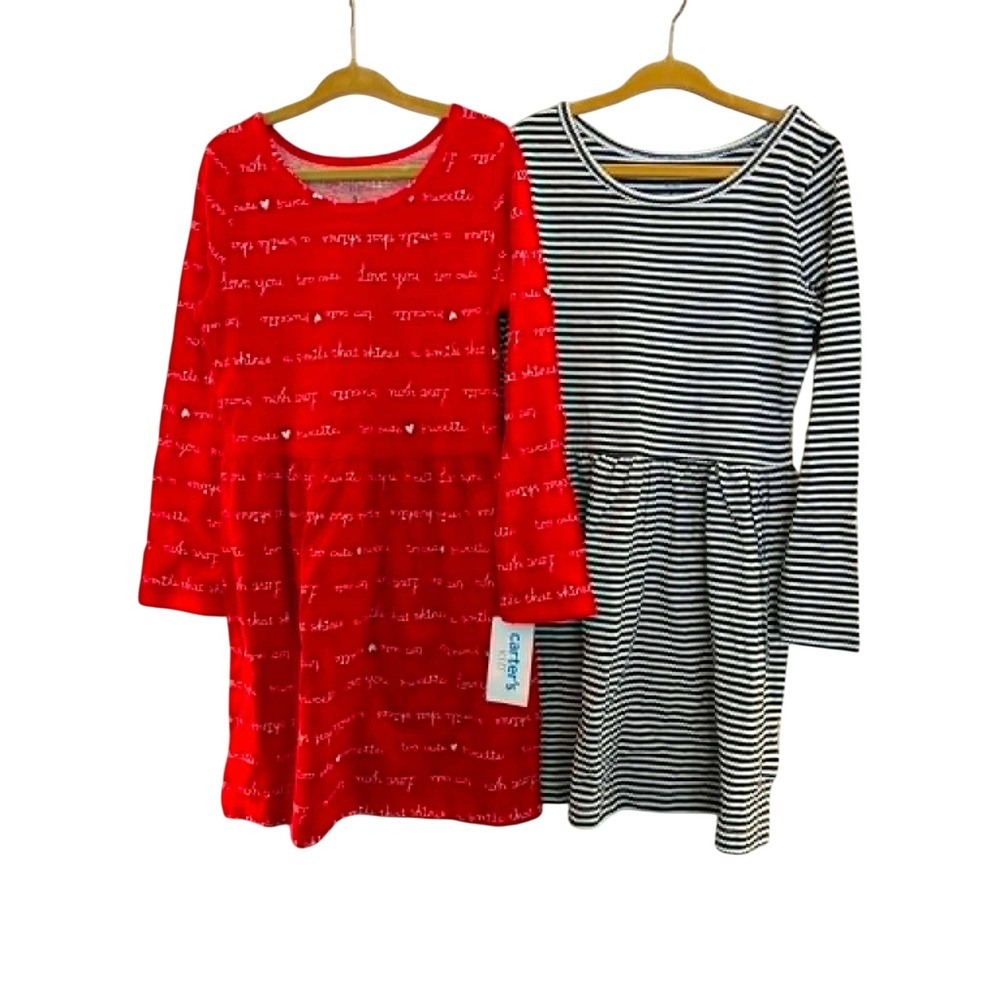 Carter's Kid 2-Pack Long Sleeve Dresses Girls Size 5 Red Hearts Navy Stripe NEW